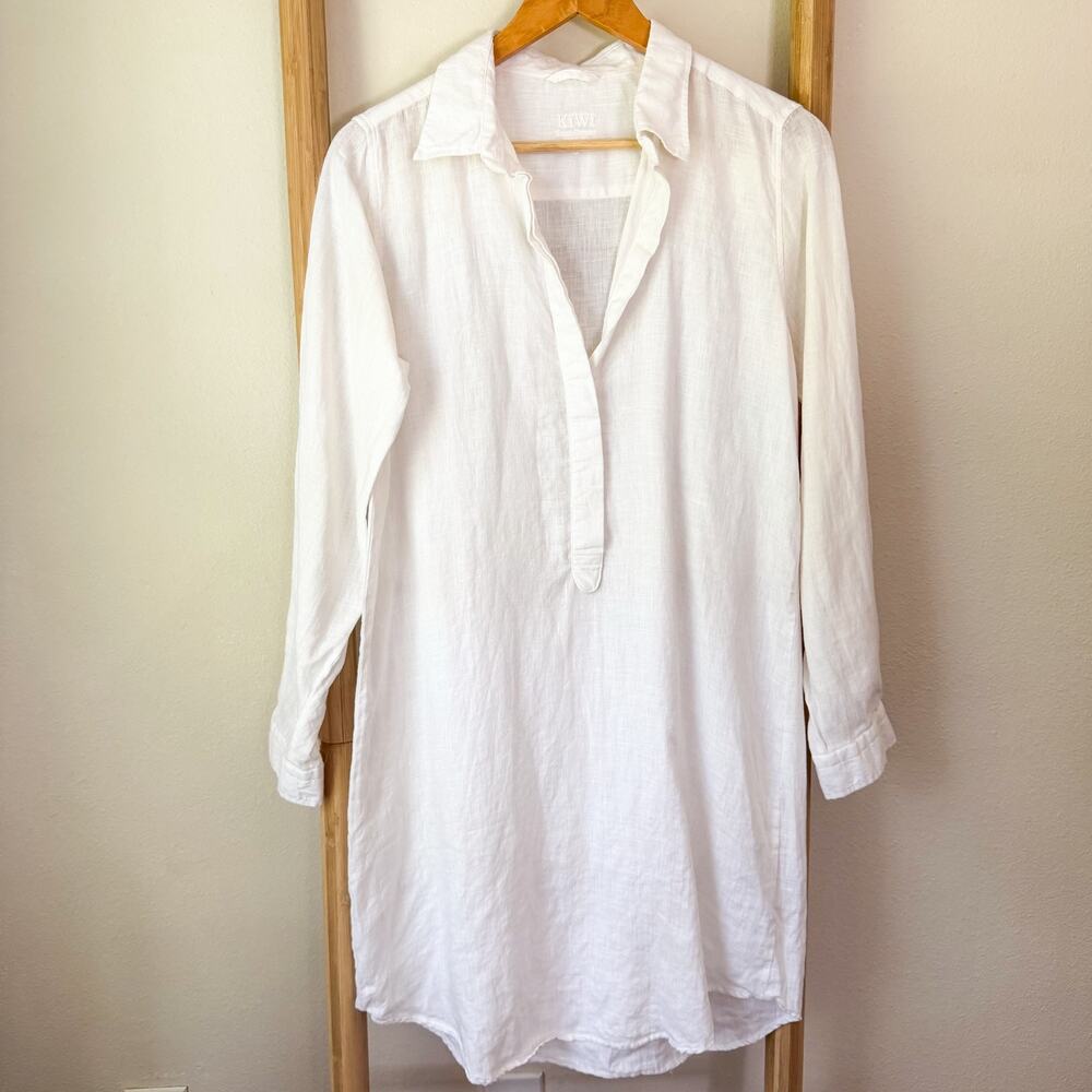 KIWI Saint Tropez White 100% Linen Tunic Dress Cover Up Long Sleeve Size Medium